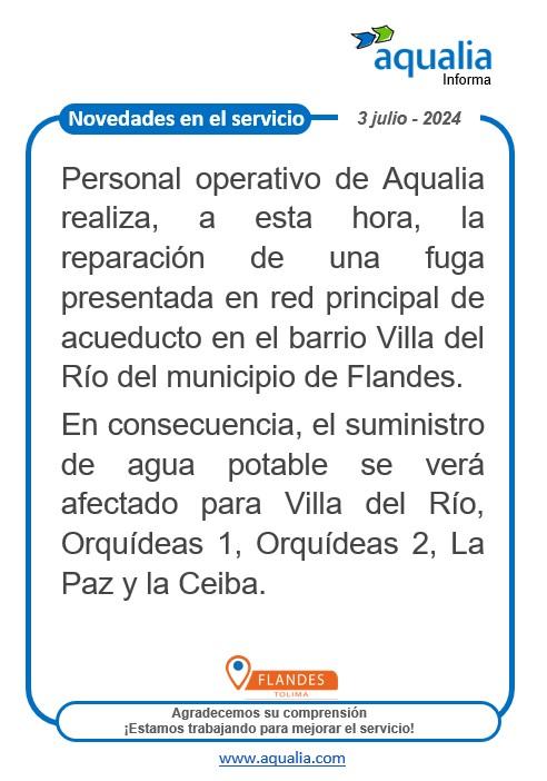 Afectado el suministro de agua potable para los barrios Villa del Río, Orquídeas 1, Orquídeas 2, La Paz y la Ceiba del municipio de Flandes